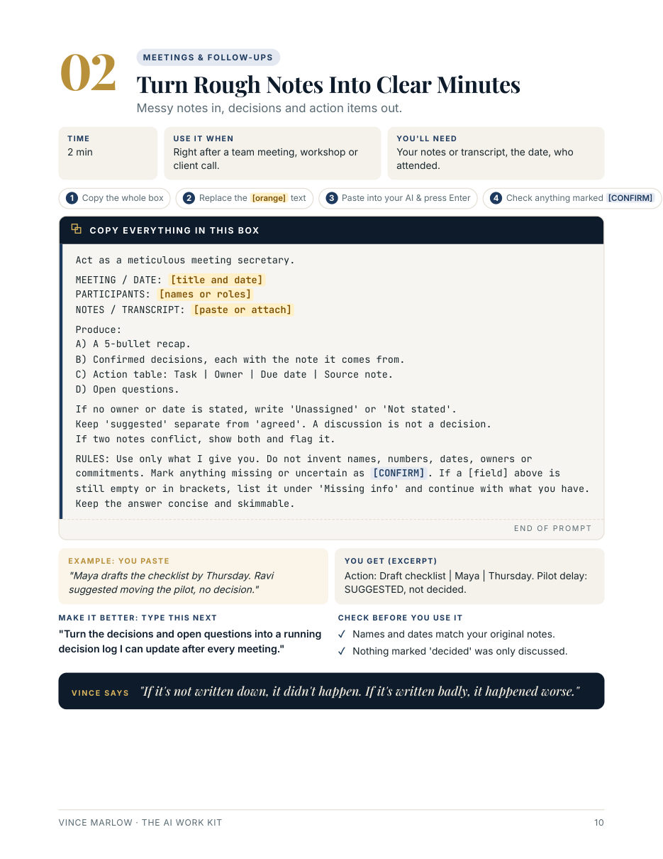 A workflow page from the kit